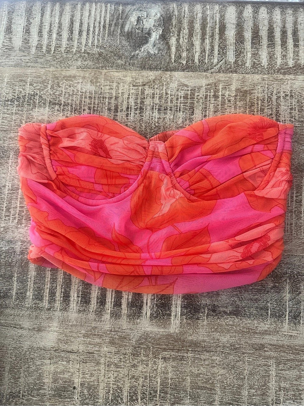 Zara Floral Tulle Mesh Corset Crop Top Pink & Orange. Size Small.